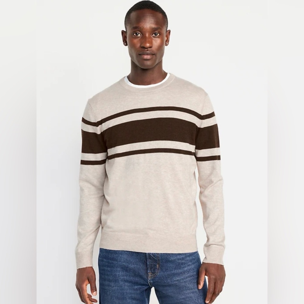 Old Navy Y2K Men's Beige Old Money Crewneck Sweater with Dark Brown Stripes